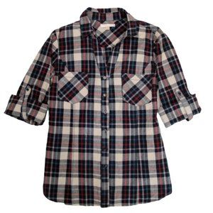 Skies Are Blue Womens Button Up Shirt Medium Blue Red Plaid Roll Tab Sleeves